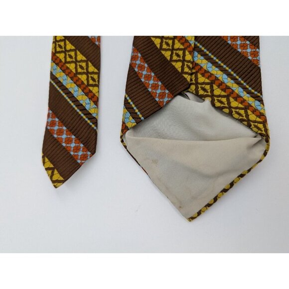 Vintage 60s 70s Men's Tie Brown Yellow Blue Striped - Picture 9 of 9